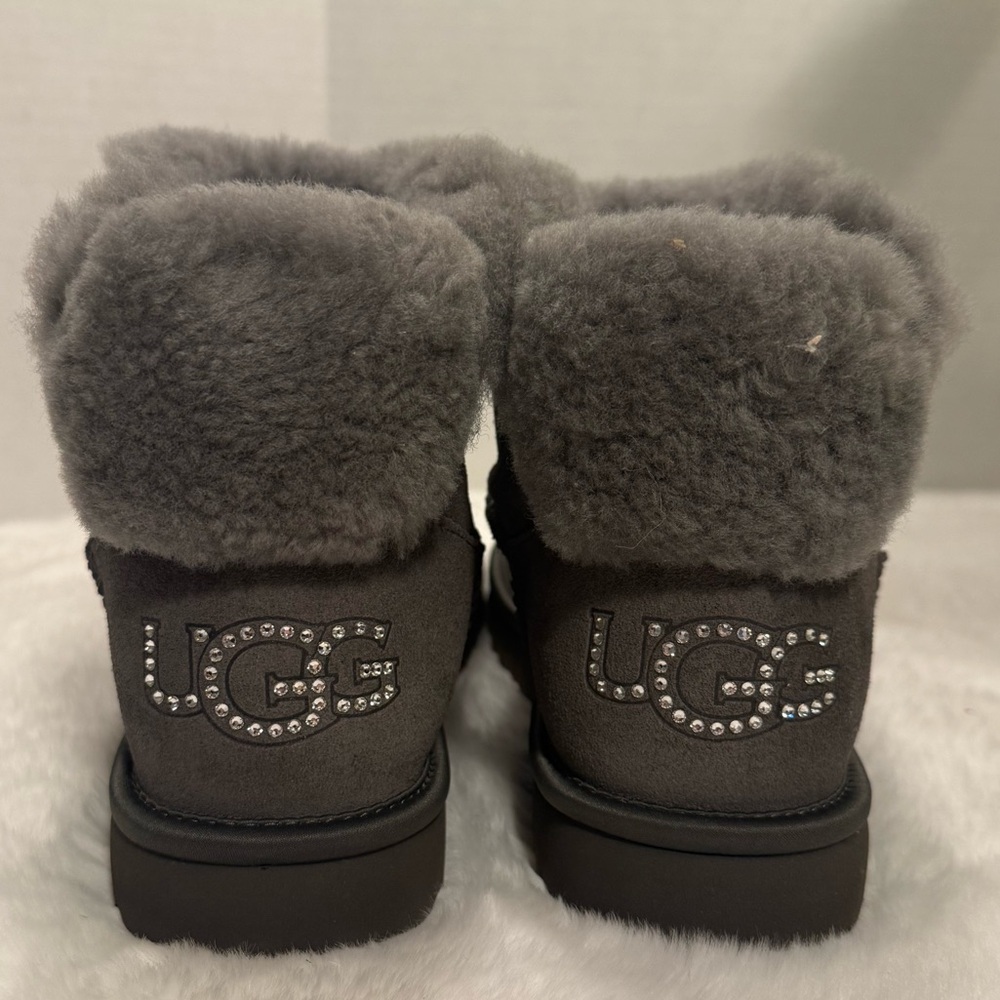 UGG Gray Mini Bling Classic Boots with Rhinestone Logo